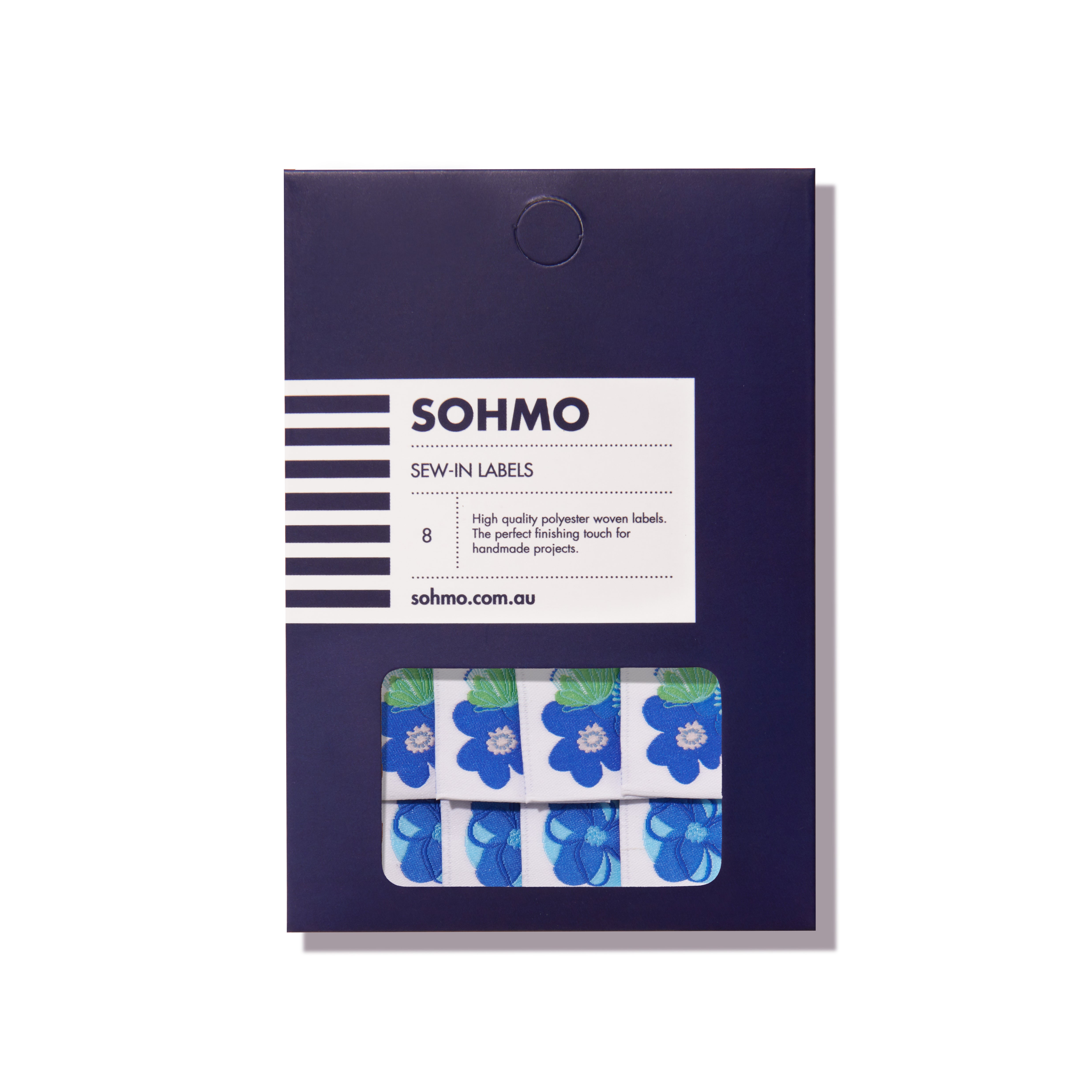 Pack of SOHMO sew-in labels with floral design on a white background
