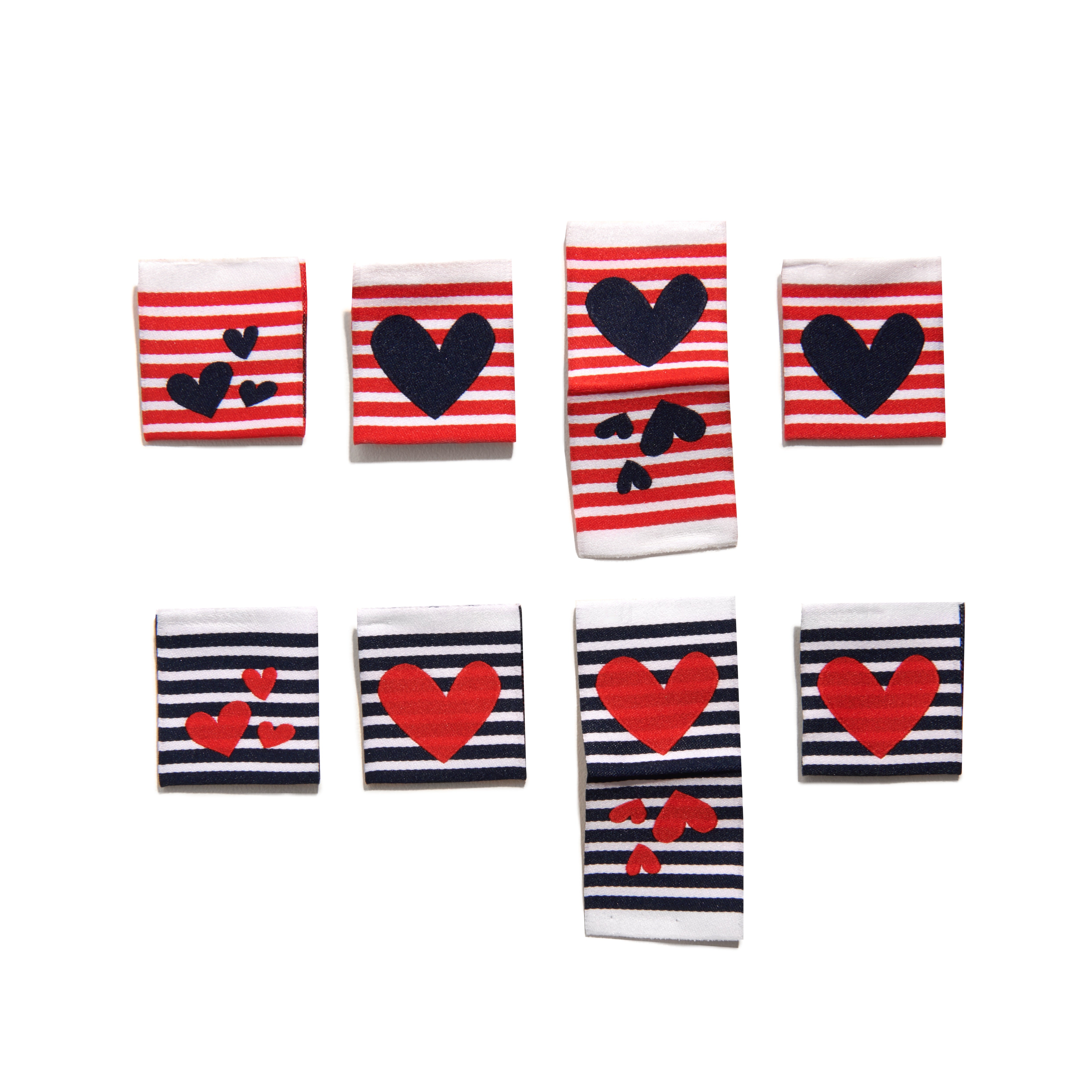 Sew-in garment labels with stripes and hearts