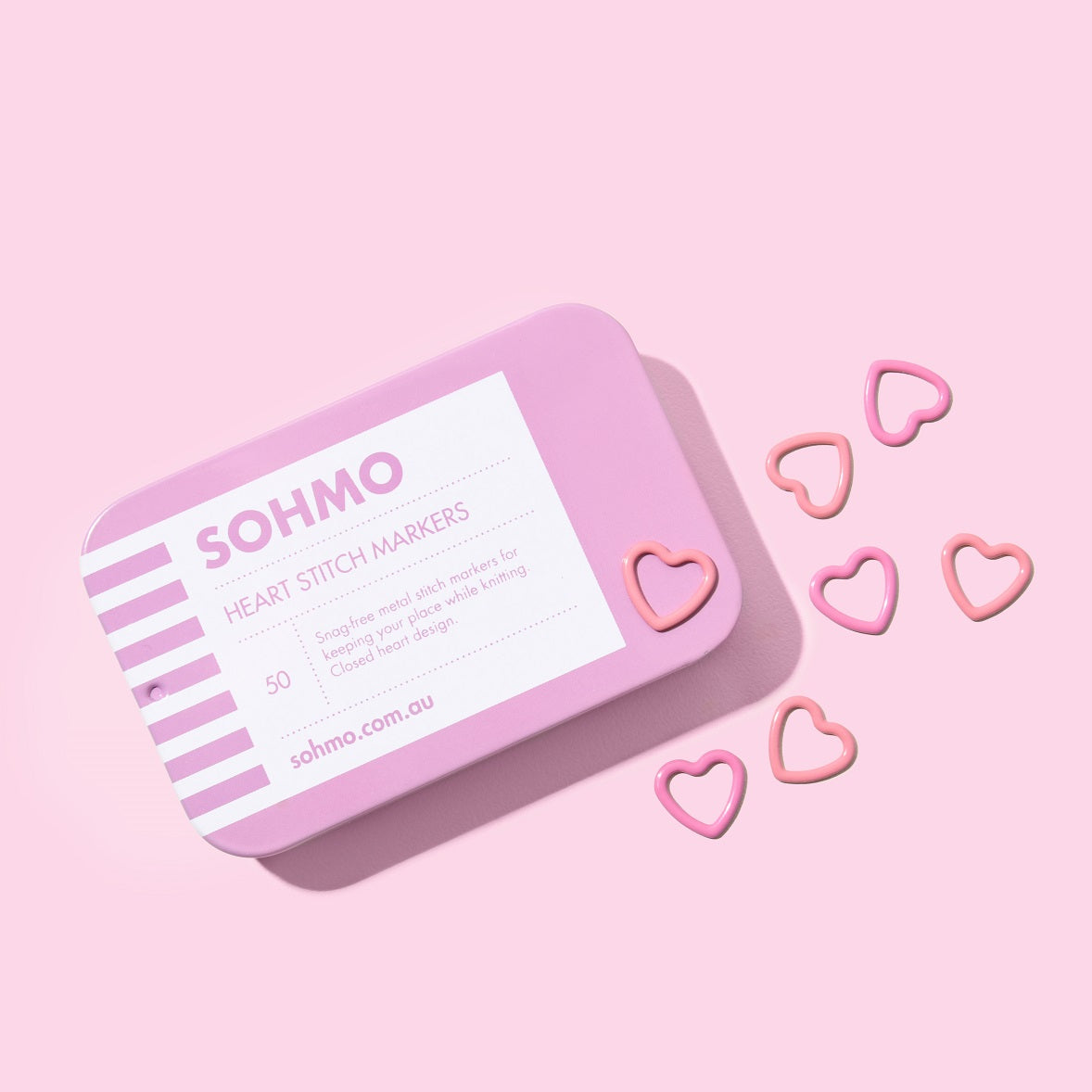 A pink box of SOHMO Heart Stitch markers for knitting