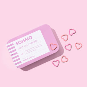 A pink box of SOHMO Heart Stitch markers for knitting