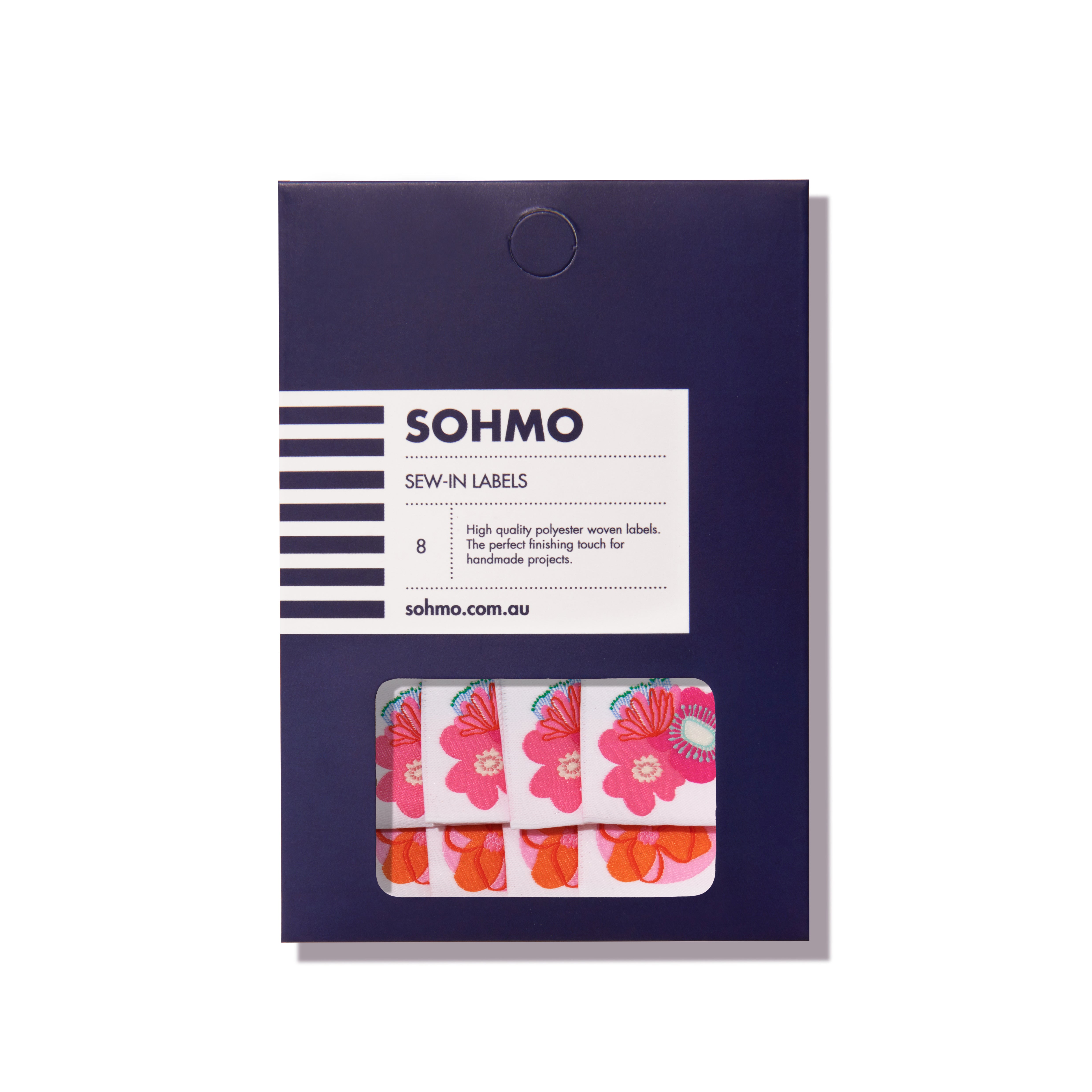 Pack of SOHMO sew-in labels with floral design on a white background
