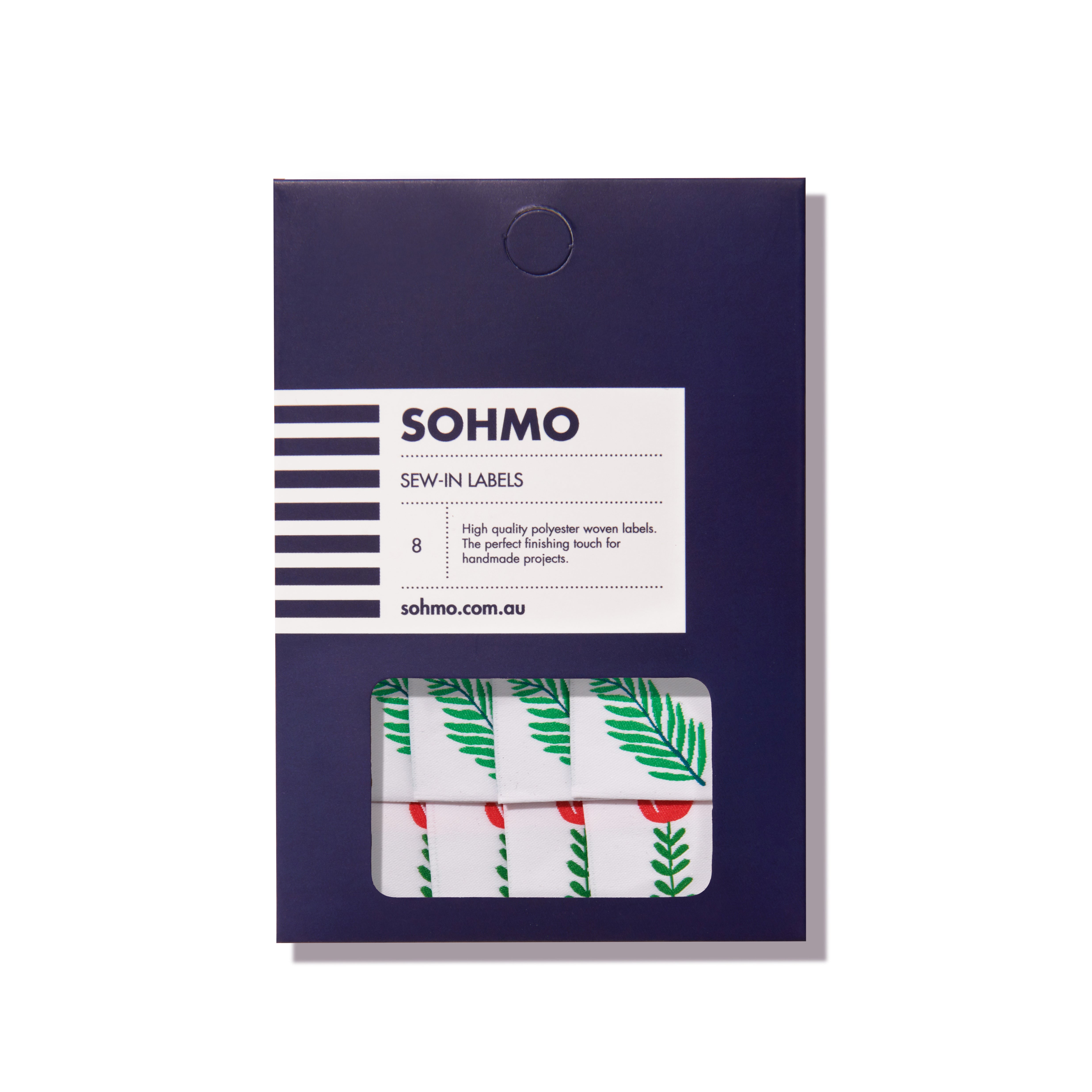 Pack of SOHMO sew-in labels with leaf pattern on a white background