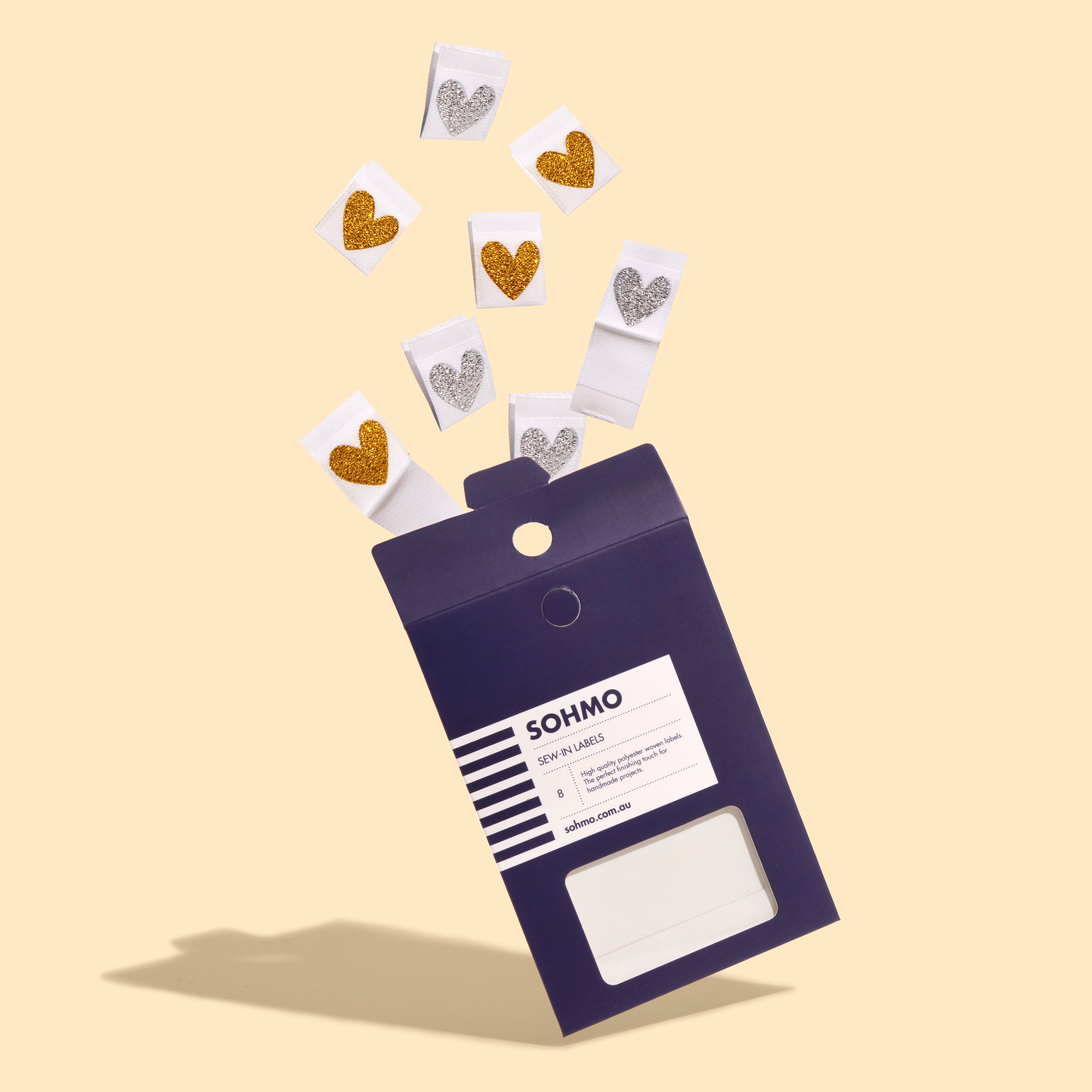 SOHMO Sew-in clothing tags with metallic gold and silver hearts