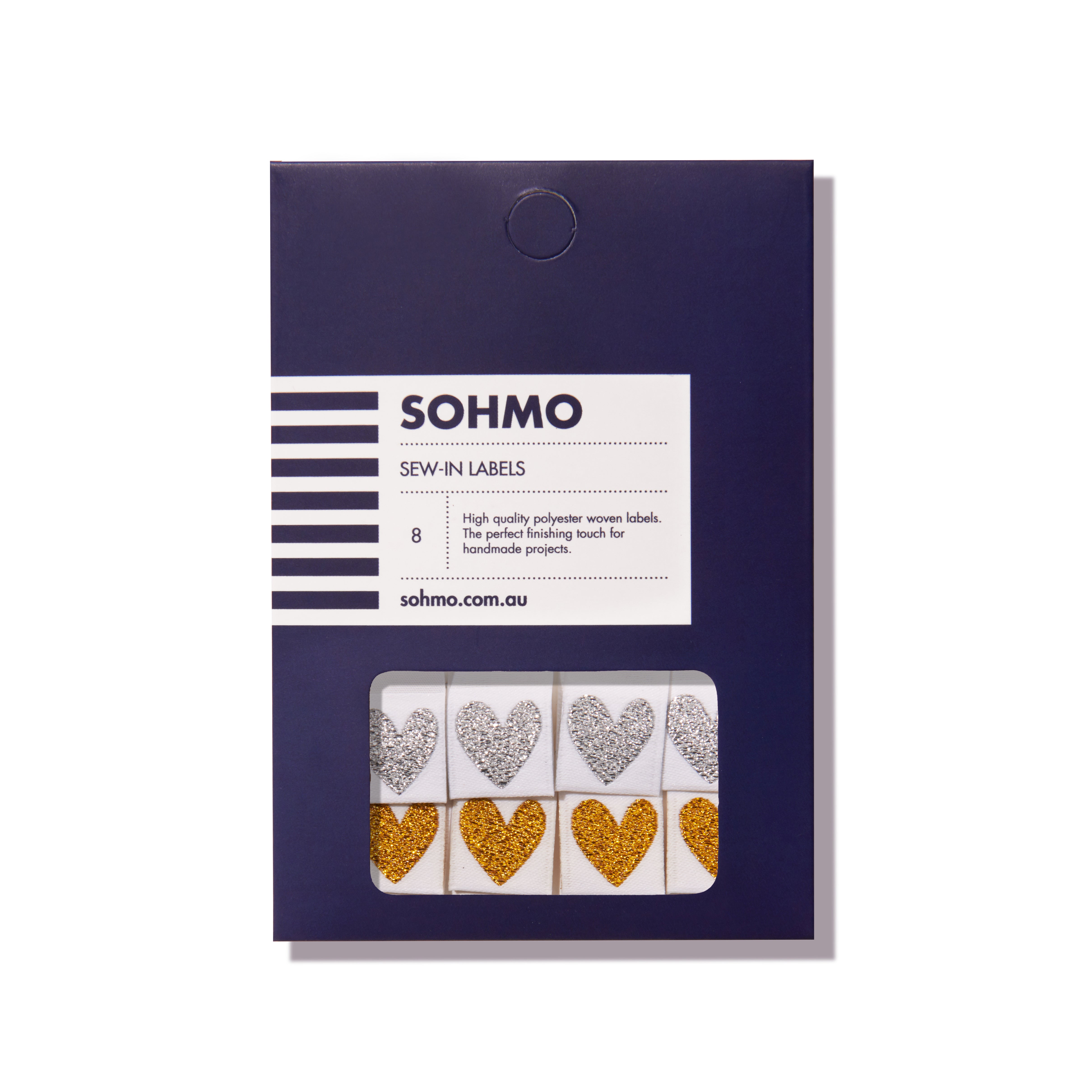 Pack of SOHMO sew-in labels with heart designs on a white background