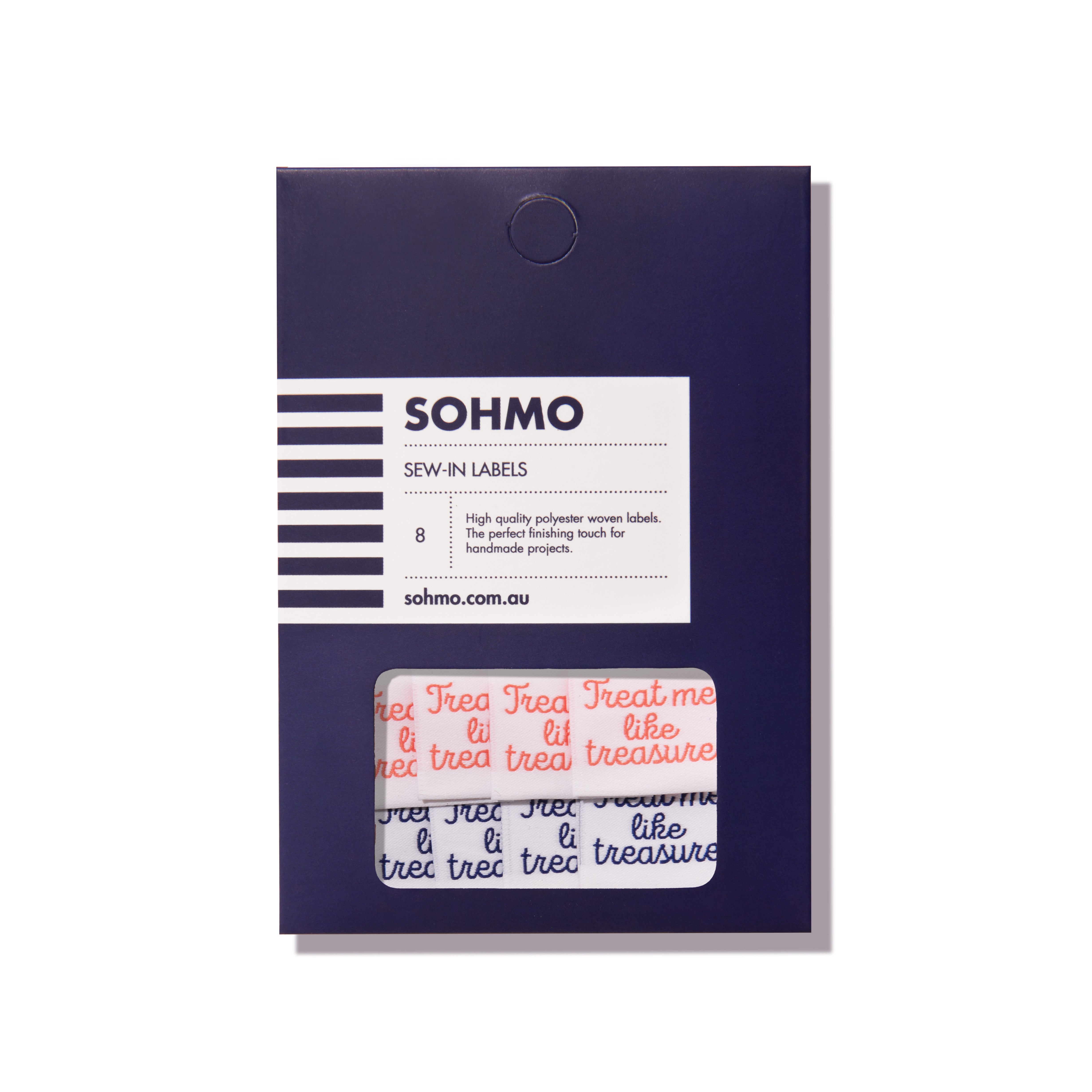 Packaging of SOHMO sew-in labels with a label and two woven labels on a white background.