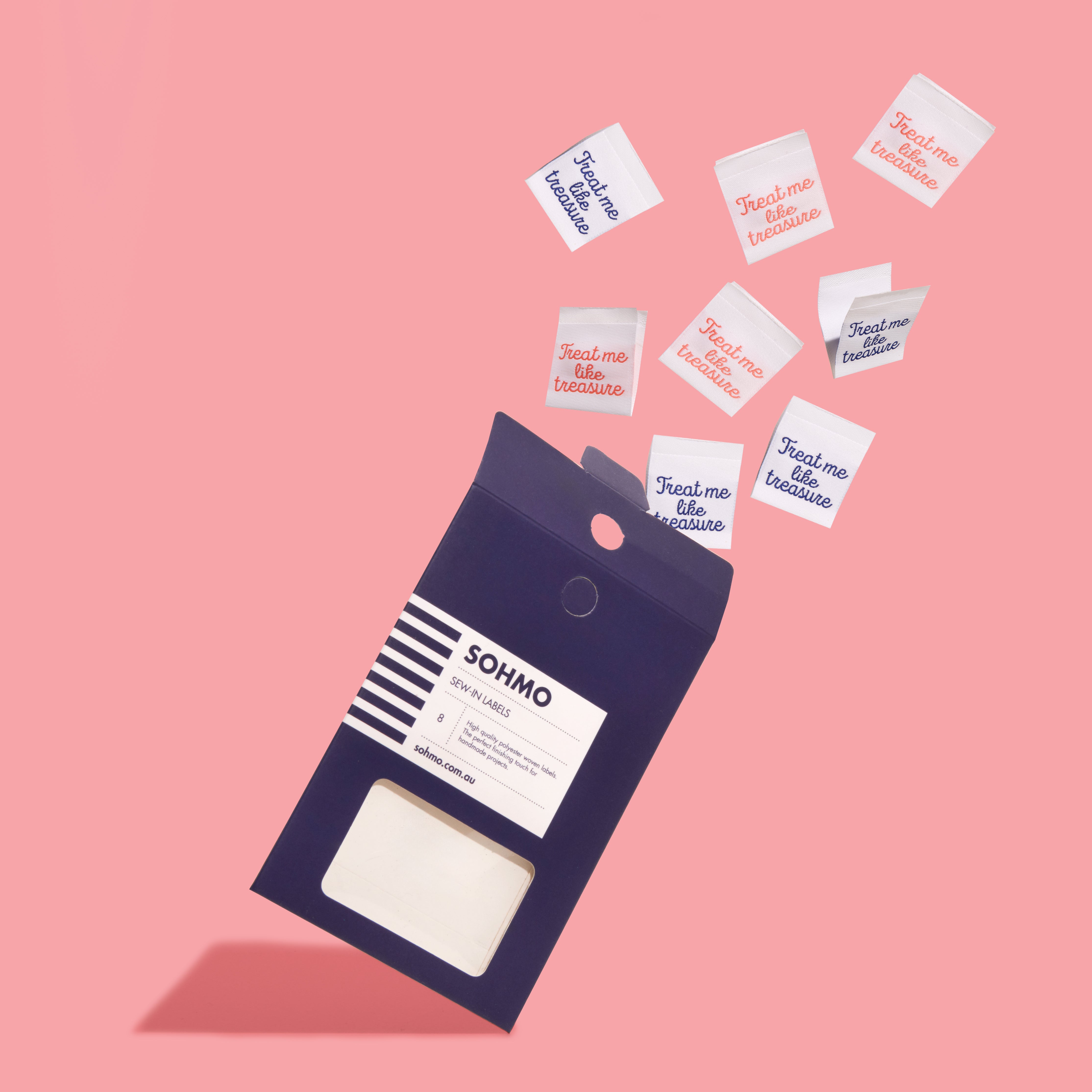 SOHMO sew-in clothing labels with 'treat me like treasure' text in a packet