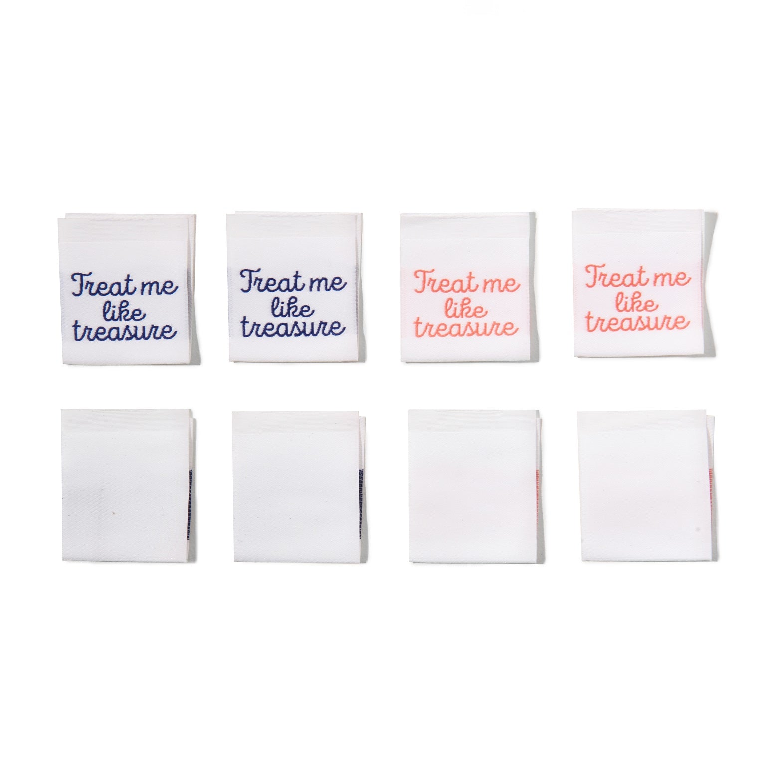 Set of eight white clothing labels with 'Treat me like treasure' text in blue and coral on a white background.