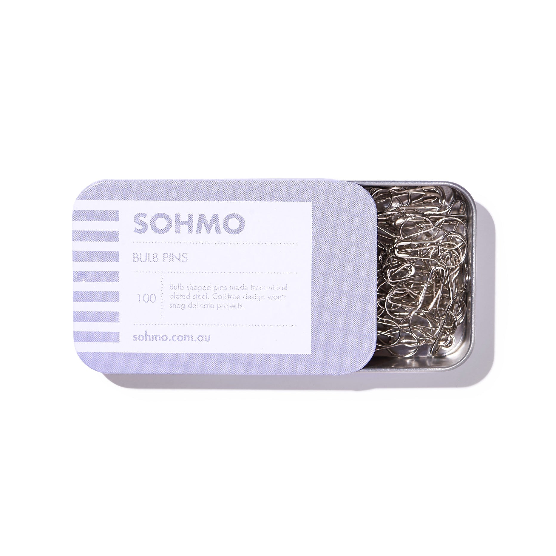SOHMO Bulb pins in purple tin for knitting markers