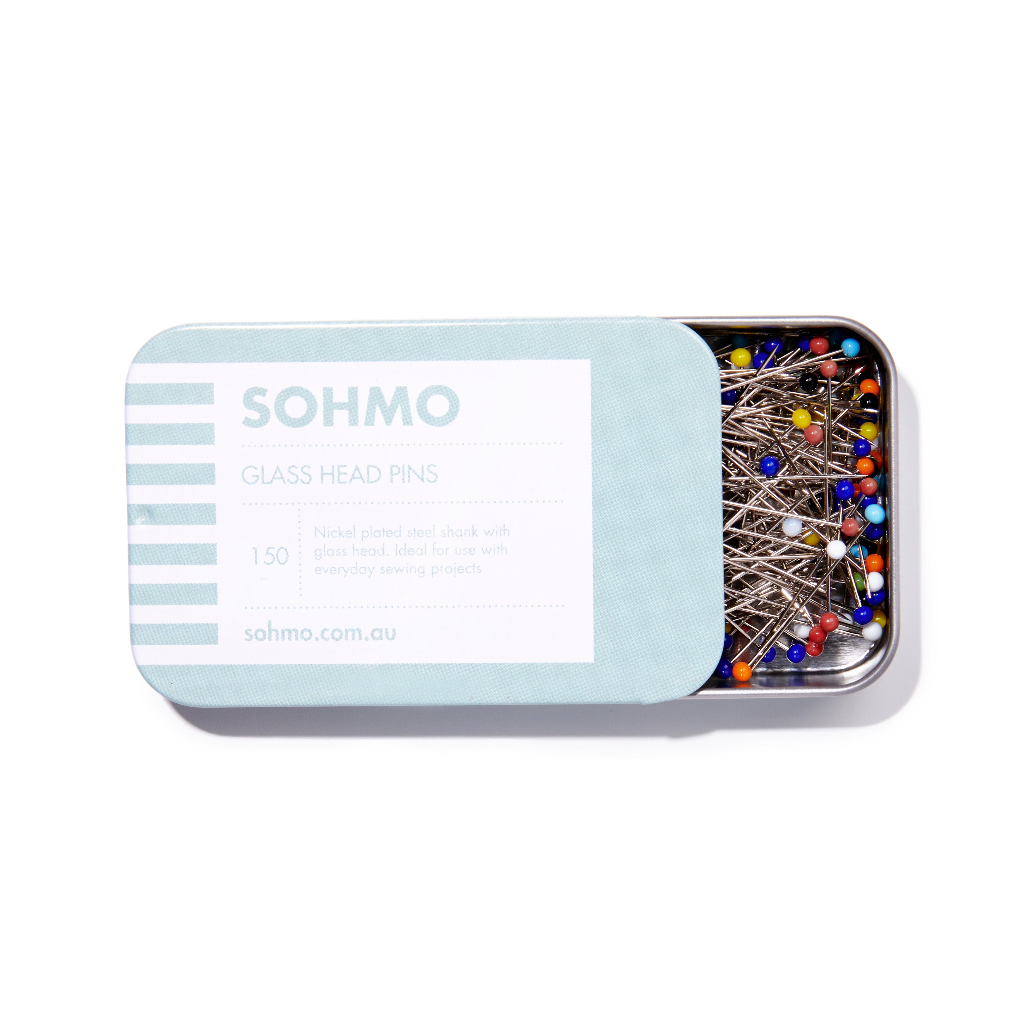 SOHMO Glass Head sewing pins in metal tin